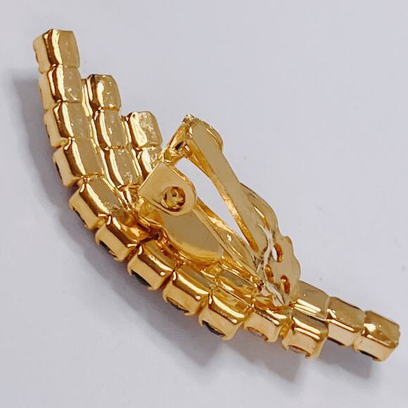 Vintage Emerald Green Glass Rhinestone Gold Tone Sparkly Clip On Earrings - Picture 9 of 10